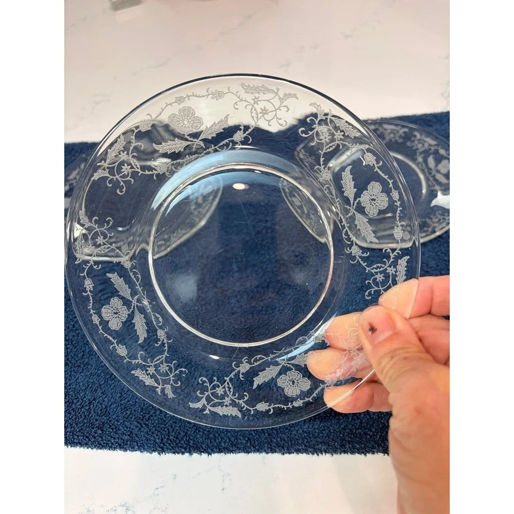 Set of 5 Vintage Clear Glass Etched Floral Salad / Dessert Plates (7-Inch)